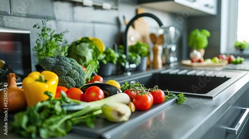 Vegetables on the counter by sink in a contemporary kitchen photo