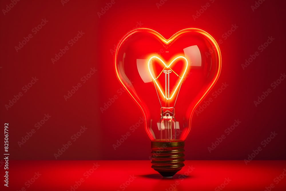 Light bulb with a heart shape glowing filament on a red background, Valentine day concept Light bulb with a heart shape glowing filament on a red background, Valentine day concept
