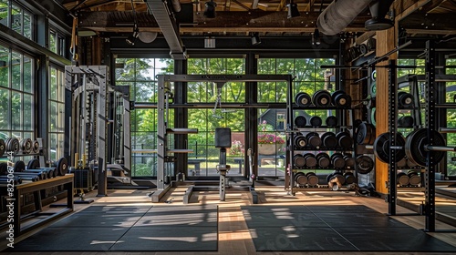 The photo depicts a spacious gym filled with numerous exercise machines, providing a diverse range of workout options for fitness enthusiasts, An upscale gym with luxury amenities, AI Generated