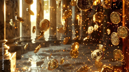 Lavish Suspended 3D Render of Flowing Gold Coins in Renaissance Inspired Still Life Generative ai