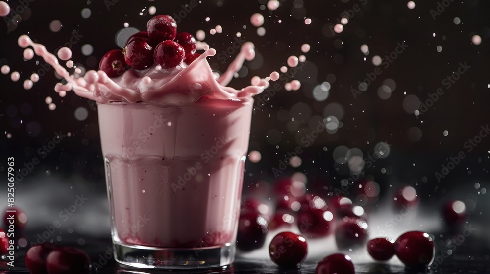 Cranberry milk splashing out of glass with black background Cranberry milk splashing out of glass with black background