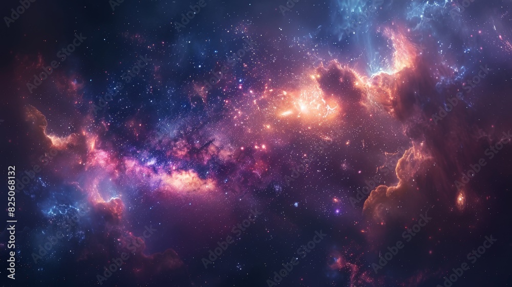 Fototapeta premium A cosmic art piece with a focus on the intricate patterns of distant galaxies, highlighted by clusters of twinkling stars scattered across a gradient of blues and purples.