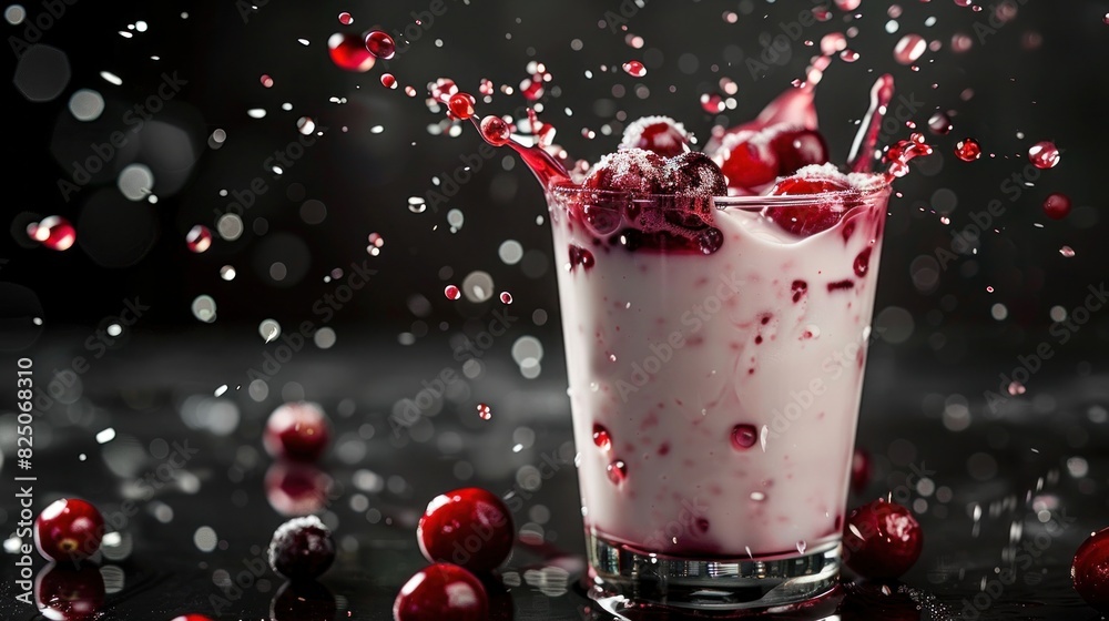 Cranberry milk splashing out of glass with black background Cranberry milk splashing out of glass with black background