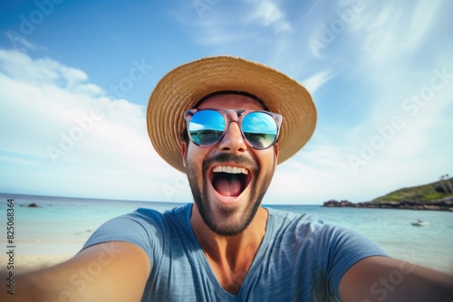 Happy young man in straw hat and sunglasses takes selfie on the beach © Anzhela