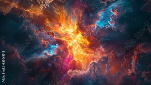 A nebula art illustration featuring a vibrant explosion of colors and shapes, representing the birth of new stars in the heart of a cosmic cloud. photo