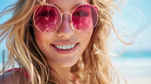 A woman with long blonde hair and pink sunglasses is smiling