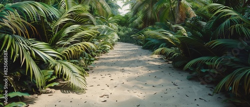 Tropical walkway with palm trees and sand in the jungle. Pathway through tropical jungle with palm trees and sand photo