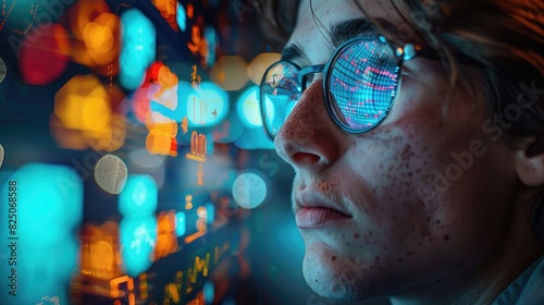 Young Man Gazing at Colorful Data Visualizations Reflected in Glasses