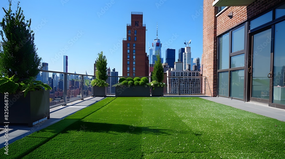 A large, rectangular area of green artificial grass on the roof top in downtown New York city with modern buildings and plants. like a rooftop garden or park for outdoor activities.

