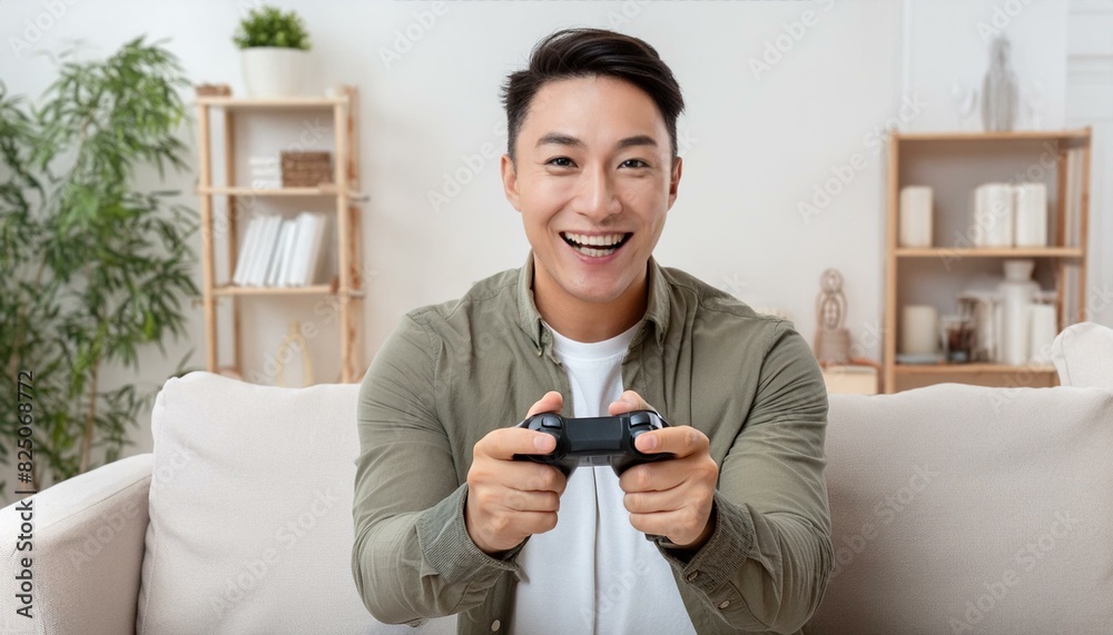 家で楽しみながらゲームをプレイする男性 家で楽しみながらゲームをプレイする男性
