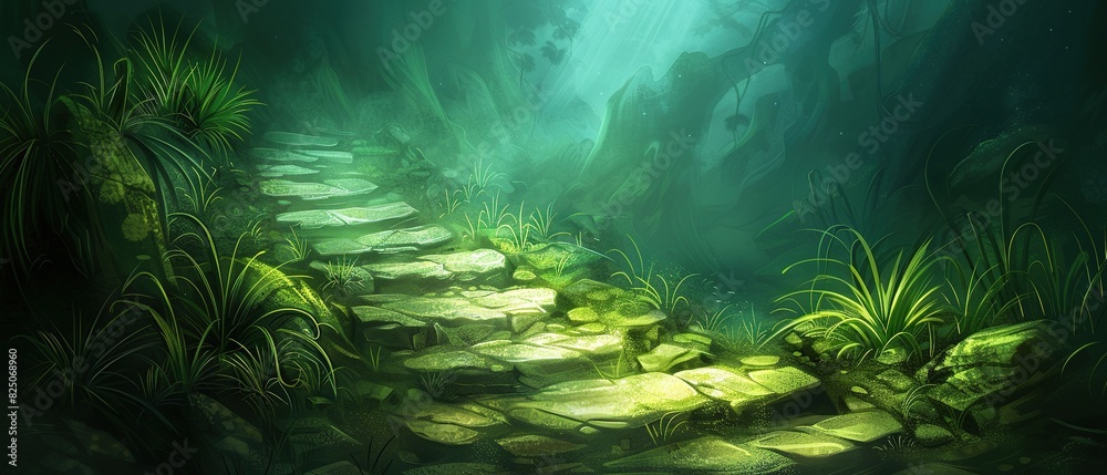 Fantasy landscape with a stone path and green plants in the dark forest Fantasy landscape with a stone path and green plants in the dark forest