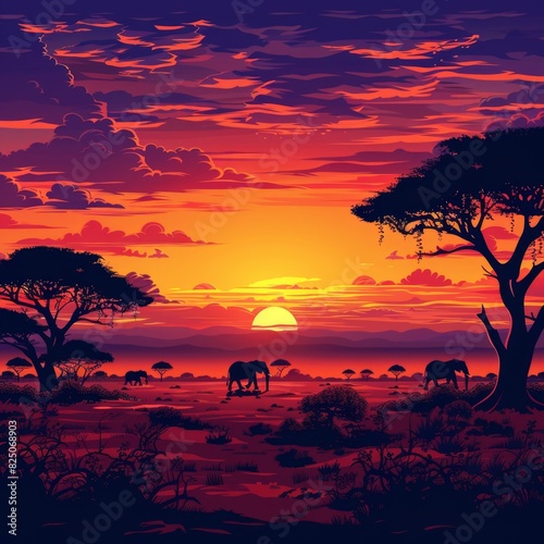 African Landscape at Sunset with Savanna and Silhouetted Elephants

