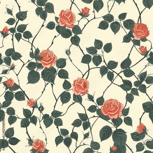 1920s Garden Party Floral Seamless Pattern with Full-Bloom Flowers  