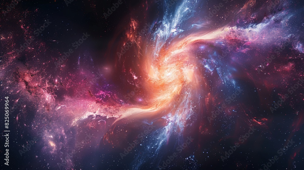 Obraz premium A minimalist abstract galaxy background featuring a swirl of vibrant cosmic colors blending seamlessly into the deep, dark void of space, creating a sense of infinite depth and mystery.
