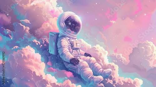Kid astronaut exploring pastel cosmic clouds, dreamy, beautiful, illustration photo
