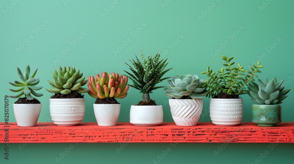 Potted plants arranged in a line on an orange shelf against a green wall, with each pot containing different types and sizes of succulents or cacti.
