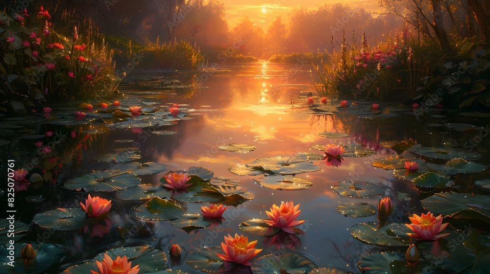 A painting of a pond with many pink flowers and a sunset in the background A painting of a pond with many pink flowers and a sunset in the background