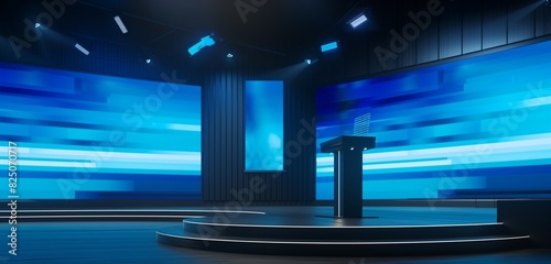 A modern lecture hall stage with a high-tech podium  surrounded by large digital screens displaying a blue gradient background  ready for a keynote speech.