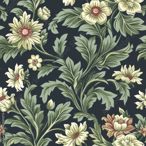 19th-Century Botanical Seamless Pattern with Vintage Floral Illustrations  