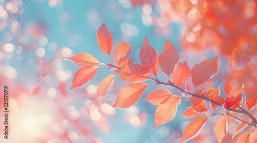 A photo of red and orange leaves on the branches, with a blurred background as sunlight shines through them, creating beautiful bokeh effects.
 photo