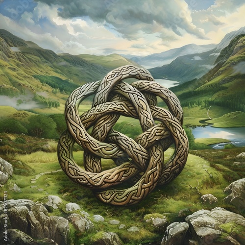 Celtic Knot Rings Intertwined in Scottish Highlands A Love Woven into Ancient Traditions photo