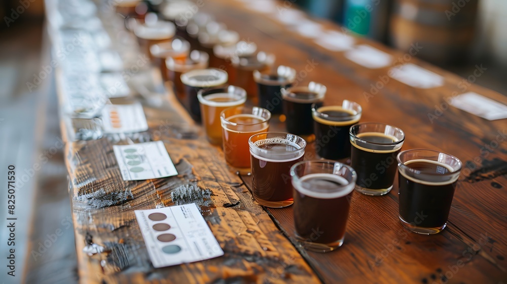 Coffee samples in small glasses arranged on a long wooden table, with labels and graphs for beer tasting notes beside them.
Coffee samples in small glasses arranged on a long wooden table, with labels and graphs for beer tasting notes beside them.