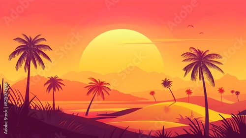 Sunset Silhouettes Tranquil Tropical Island Landscape with Palm Trees and Warm Gradient Sky