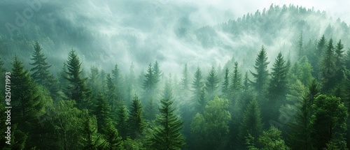 Panoramic view of foggy coniferous forest in mountains. Foggy morning in the coniferous forest