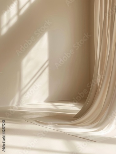 A white room with a curtain hanging from the ceiling. The curtain is long and flowing, creating a sense of movement and elegance. The room is bathed in sunlight, which adds warmth