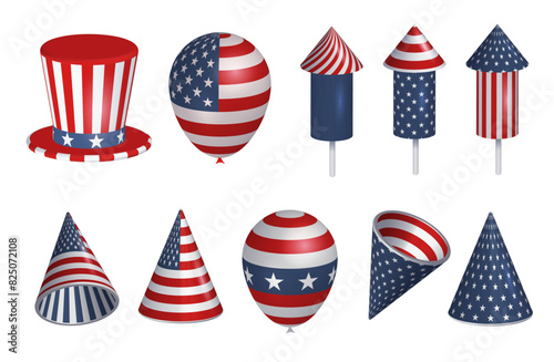 Set of 3d festive art objects for USA independence day. Render of fireworks, balloons, Uncle Sam hat in US flag patterns. American national celebration design elements. Vector realistic illustration