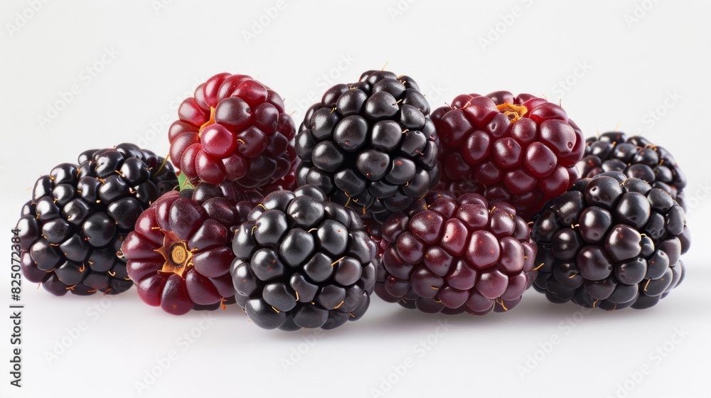 A cluster of ripe blackberries, each berry distinct and detailed, set against a clean white background for high contrast