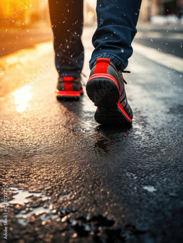 A person is walking on a wet road with their shoes. The shoes are red and black. The person is wearing blue jeans
