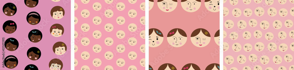 Collection of four patterns, pleasant girlish faces. Decorative endless texture, women guise, simple cute shapes, flat vector. Collection of four patterns, pleasant girlish faces. Decorative endless texture, women guise, simple cute shapes, flat vector.