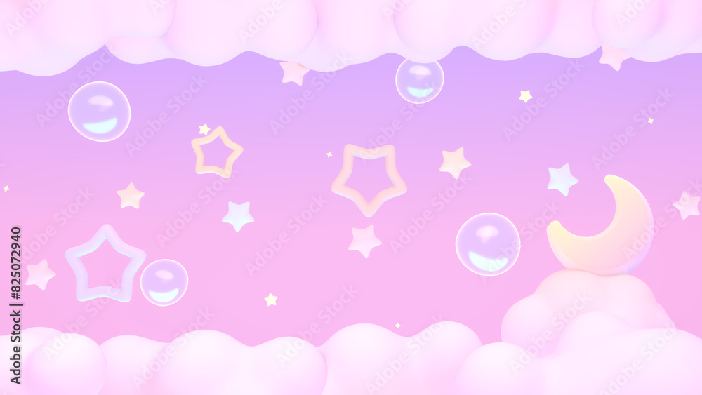 3d rendered cartoon moon, stars, bubbles, and clouds sky.