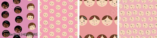 Collection of four patterns, pleasant girlish faces. Decorative endless texture, women guise, simple cute shapes, flat vector.