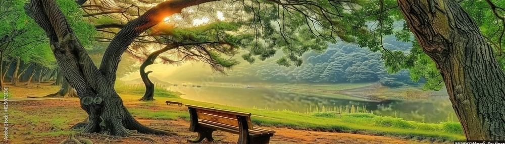 Obraz premium Serene park with a rustic bench under curved trees, and sunlight streaming through the branches, creating a peaceful atmosphere by the lake.