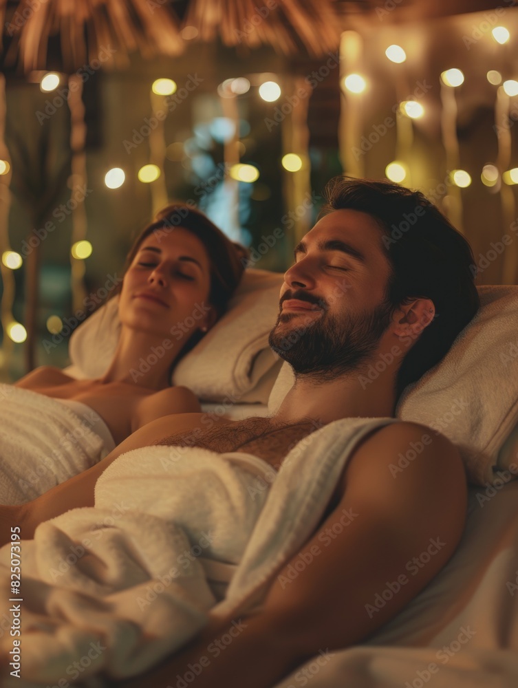 Fototapeta premium A man and a woman are lying in bed, both smiling and looking relaxed