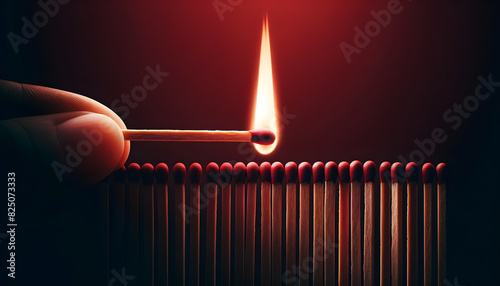 a row of matches with red heads lined up against a deep red background, capturing the moment of ignition in a minimalistic style with fine details. photo