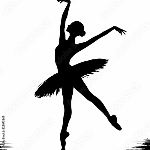Arabesque Elegance: A Black-and-White Silhouette of a Graceful Ballerina in an Elegant Arabesque Pose, with Tutu Dress and Pointe Ballet Slippers, Illuminated by Dramatic Lighting