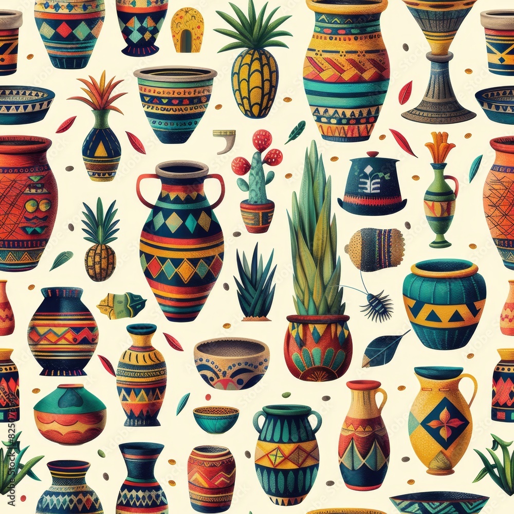 Traditional African Market Seamless Pattern with Baskets, Pottery, Textiles, and Drums

