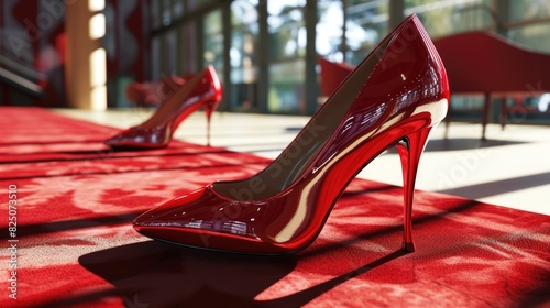 A pair of red high heels are shown on a red carpet. The shoes are shiny and have a pointed toe. Concept of elegance and sophistication, as the high heels are often associated with formal events photo