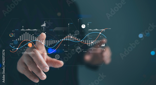 Analyst touch on business analytics dashboard with KPI, charts and metrics to analyze data and create insight reports for executives and strategical decisions. Operations and performance management photo