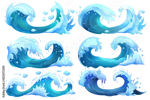 Sea waves collection. Cartoon style illustration of blue ocean waves isolated on white background
