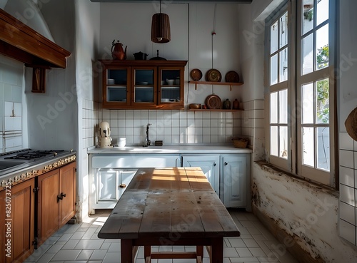 A small kitchen in an old Greek village house with wooden furniture and white tiles