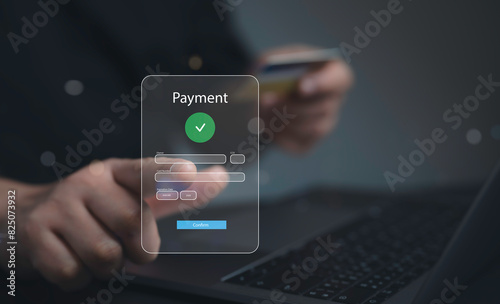 Digital online payment concept. Business people using computer laptop, online payment, banking.Online Money Transfer Confirmed.Concept of e-commerce and online banking, payment transfer.