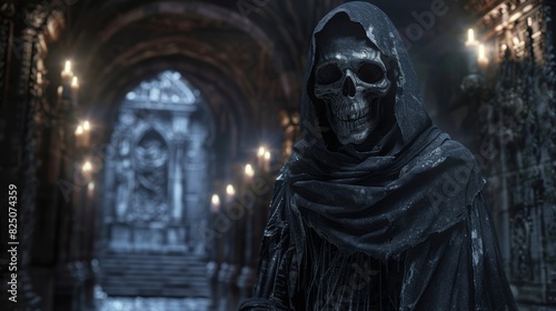 Hooded Skeleton in Ornate Gothic Hallway  © Franz Rainer