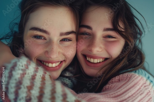 Two women are hugging each other and smiling. They are both wearing pink sweaters. Scene is happy and warm