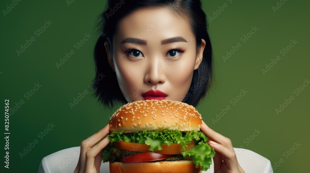 A woman is holding a large hamburger in her hands. The burger is topped with lettuce and tomatoes. The woman is wearing a red lipstick and has her hair pulled back
