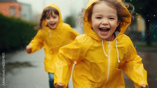 Two young girls are running in the rain, both wearing yellow raincoats. They are smiling and laughing, enjoying the moment despite the wet weather