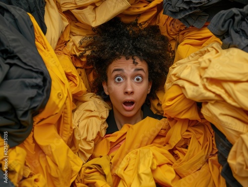 A woman is in a pile of clothes and is looking surprised. The clothes are yellow and black